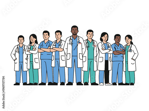 Diverse medical team of doctors and nurses standing illustration