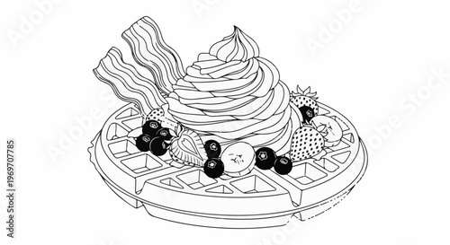 Delicious waffle topped with creamy frosting, berries, and crispy bacon