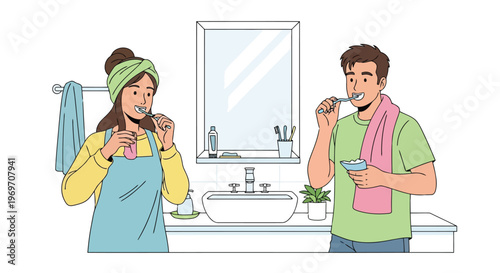 Couple brushing teeth together in front of bathroom mirror illustration