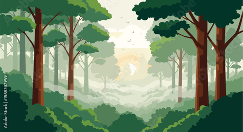 Flat Vector Illustration of a Lush Green Forest Landscape with Morning Sunlight
