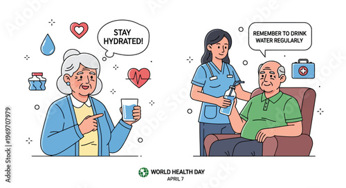 Nurse helping elderly man drink water for proper daily hydration