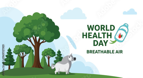 Dog walking in green park with clean air for environmental health