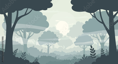 Abstract Flat Vector Forest Landscape with Silhouetted Trees and Soft Morning Sun