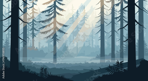 Misty Pine Forest Landscape with Sunbeams and Foggy Atmosphere