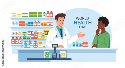 Professional pharmacist consulting patient in modern pharmacy setting