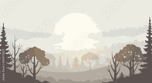 Minimalist Forest Landscape with Sun Silhouette