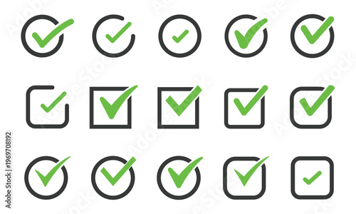 Collection of green check mark icons in circles and squares