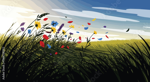 Wildflower Meadow in Windy Summer Landscape Illustration