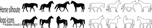 silhouette horse icon set, showing different phases of a running horse gait cycle, gallop vector burst dynamic shape powerful motion, for equine wildlife design collection template art icon pack