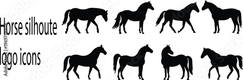 silhouette horse icon set, showing different phases of a running horse gait cycle, gallop vector burst dynamic shape powerful motion, for equine wildlife design collection template art icon pack