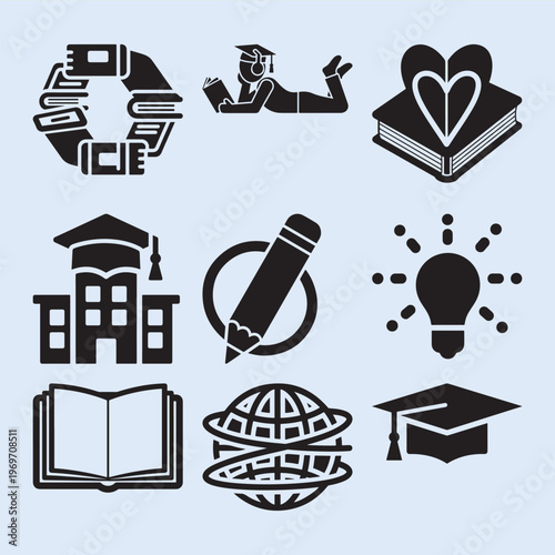 Learning symbols and icons for school college university and knowledge. 9 icons mega pack