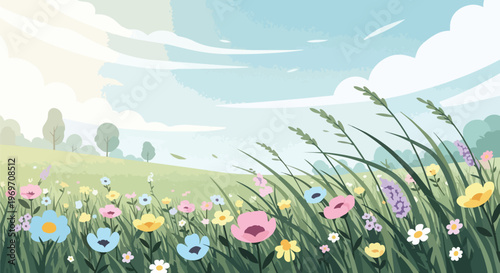 Beautiful Spring Meadow with Colorful Wildflowers and Green Grass under Blue Sky