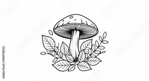 Detailed black and white illustration of a mushroom surrounded by leaves