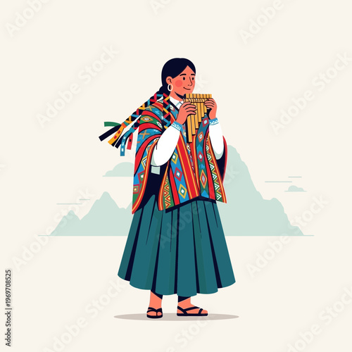 Andean woman playing panpipes in traditional colorful clothing with mountains background