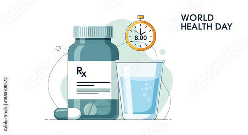 Medication bottle and glass of water for daily health routine concept