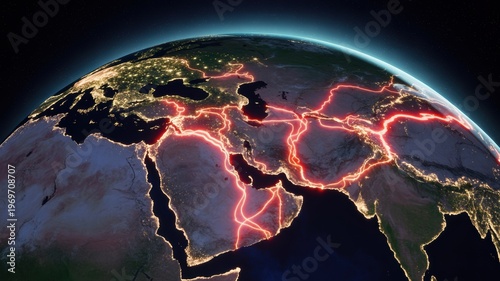 Planet Earth at night from space showing glowing red seismic fault lines marking tectonic plate boundaries and bright city lights