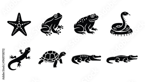 A collection of black silhouettes depicting various aquatic and amphibious creatures including reptiles and invertebrates silhouette high quality professional detailed modern