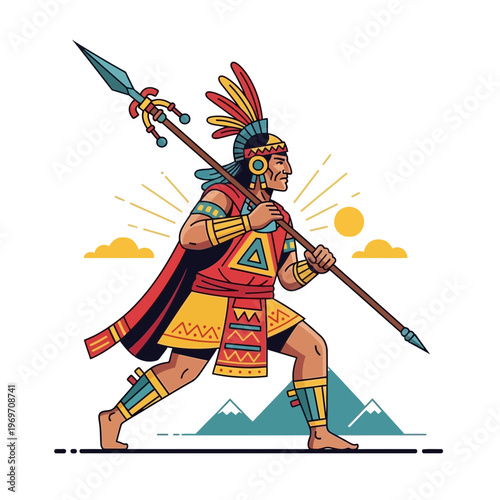 Inca Warrior with Spear, Traditional Clothing, Andean Mountains Background