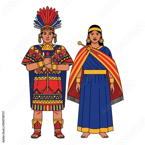 Inca couple in traditional attire, historical illustration