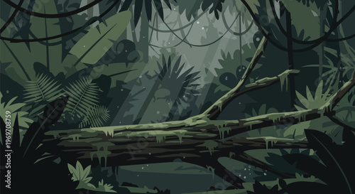 Mysterious Deep Jungle Background with Fallen Tree Trunk and Lush Tropical Foliage