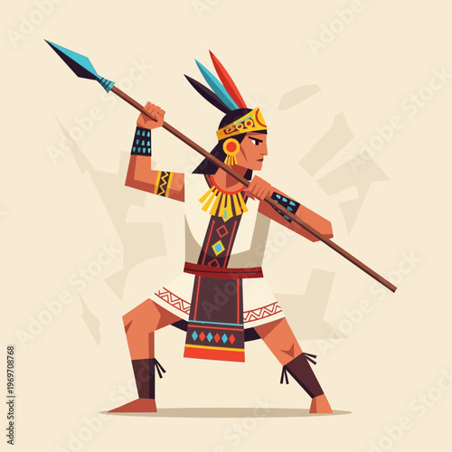 Inca warrior with spear, traditional costume, fighting stance, colorful feathers, historical illustration