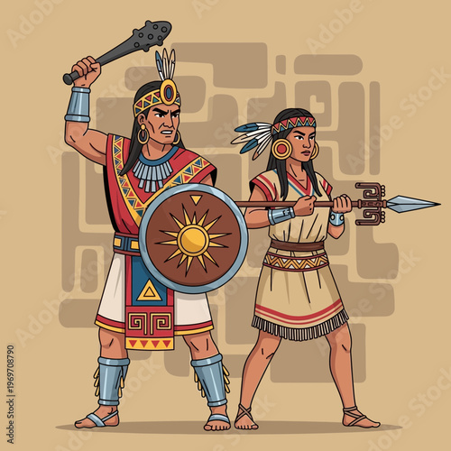 Incan Warriors Couple with Shield and Spear, Ancient Peru