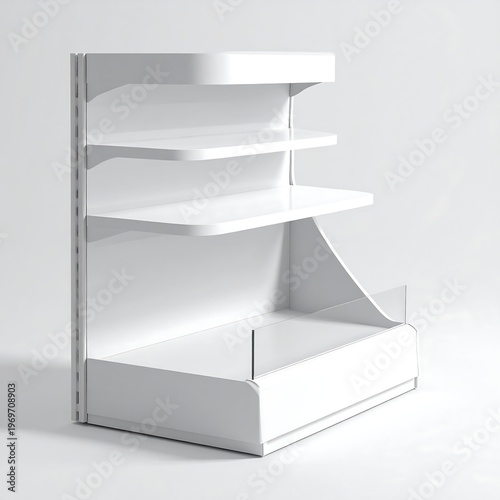 A white shelving unit with three empty shelves