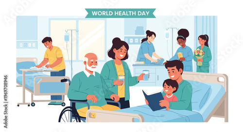 Medical staff caring for patients in hospital ward illustration