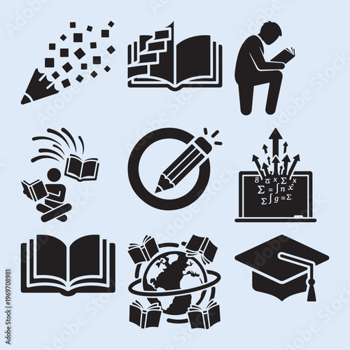Education icons and symbols for learning knowledge and wisdom. 9 icons mega pack