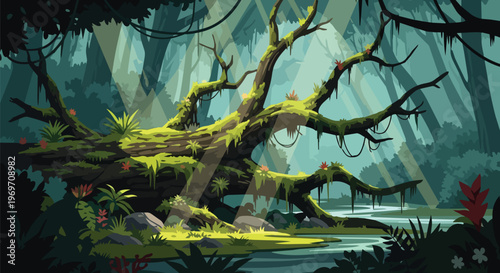 Fallen Tree in Mystical Tropical Jungle Forest with Sunlight Beams