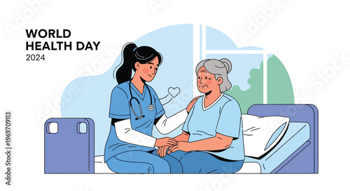 Nurse comforting elderly patient in hospital bed for health awareness