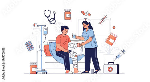 Nurse caring for injured patient in hospital room vector illustration
