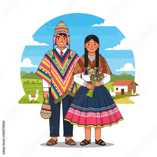 Peruvian Couple in Traditional Clothing with Llamas and Mountains