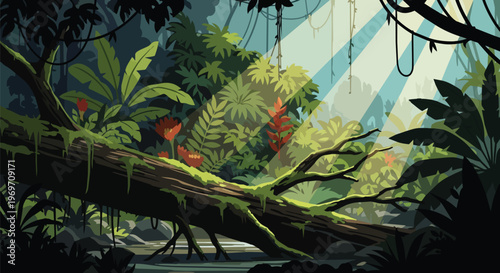 Lush Tropical Rainforest Landscape with Fallen Tree and Sunbeams