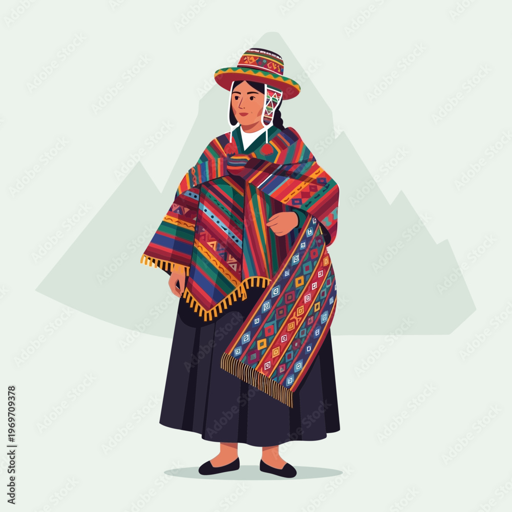 Obraz premium Peruvian woman in traditional colorful clothing and hat, Andes mountains background