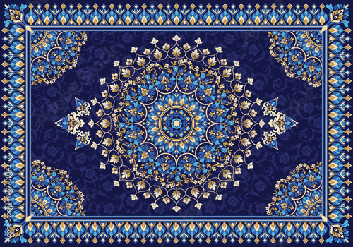 Luxurious floral mandala pattern with intricate gold and blue damask ornament, decorative border, perfect for elegant textile and wallpaper design.