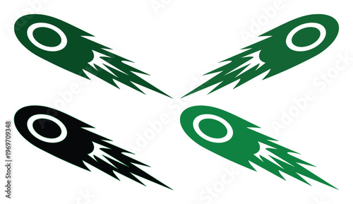 Stylized comet vector icons set, green and black falling meteor symbols with fire trails, dynamic celestial fireball graphic elements for logo design