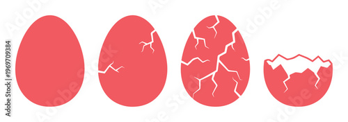 Red egg hatching sequence vector, cracked eggshell stages icon set, flat pink egg evolution from whole to broken shell, 4 icons for growth and birth