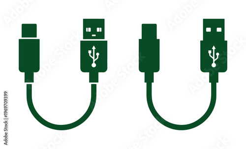 USB Type-C and USB-A charging cable icons, dark green universal serial bus connector vectors, mobile phone data transfer wire symbols on white background