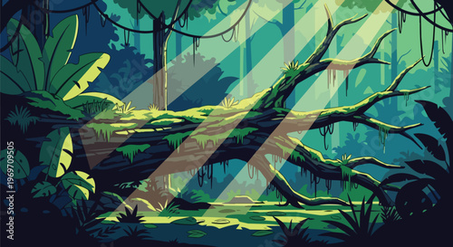Pixel Art Jungle Landscape with Fallen Tree and Sunbeams