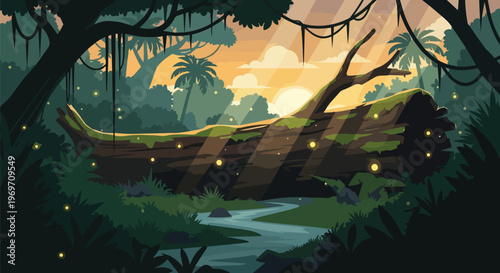 Pixel Art Jungle Landscape with Fallen Log and Fireflies at Sunset