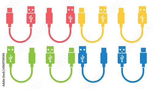 Colorful USB cable icons set, flat vector illustration of universal serial bus charging cords, 8 colorful data transfer wire elements for technology design