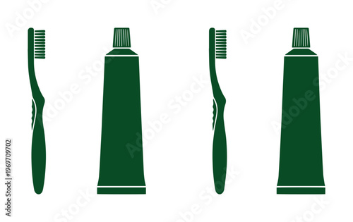Minimalist dark green toothbrush and toothpaste tube icons, dental care hygiene vector set, oral health bathroom accessories on white background
