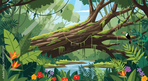 Tropical Rainforest Landscape with Toucan and River