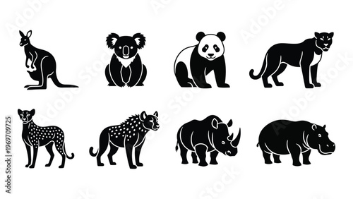 A collection of eight australian and african animal silhouettes displayed in a clean minimal black and white style silhouette high quality