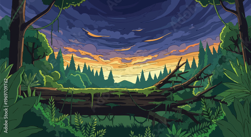 Pixel Art Forest Landscape with Fallen Tree at Sunset