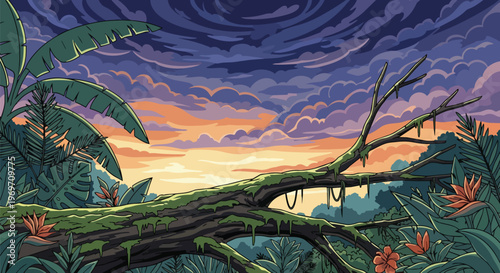 Pixel Art Tropical Jungle Landscape with Fallen Tree at Sunset