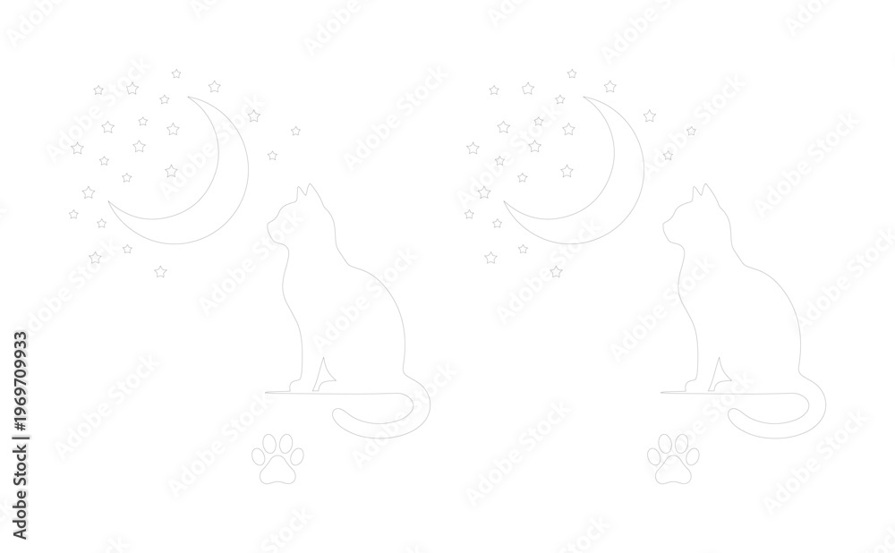 Fototapeta premium Minimalist cat silhouette line art vector, celestial feline sitting under crescent moon and stars, elegant pet outline illustration