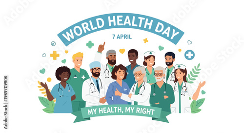 Diverse group of healthcare workers celebrating World Health Day