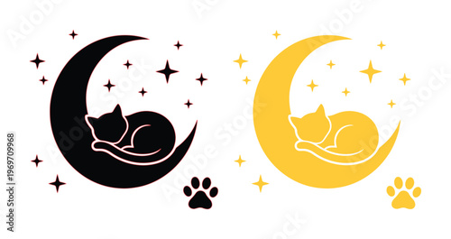 Celestial sleeping cat silhouette on crescent moon, mystical black and gold kitten icons with stars, whimsical pet logo vector set